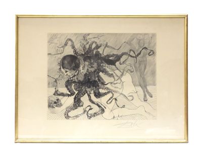 une image représentant un dessin en noir et blanc d'une pieuvre posée sur un lit