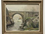 une image d'une peinture représentant un pont au-dessus d'une étendue d'eau