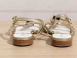 pair of women ' s gold sandals on wooden surface with white background