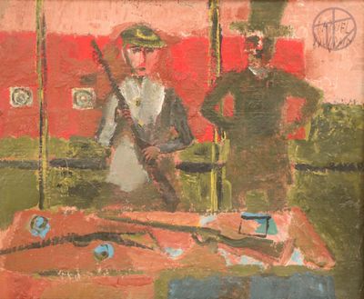 tableau représentant deux hommes armés dans une pièce aux murs rouges