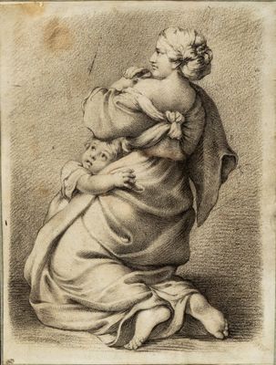 a black and white drawing of a woman holding a baby