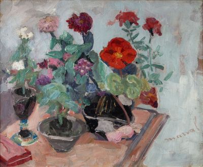 une peinture de fleurs dans un vase sur une table