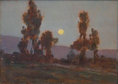 une image représentant un tableau où l'on voit des arbres dans un champ, avec la lune dans le ciel