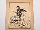 an old drawing of a man on a horse with a sword