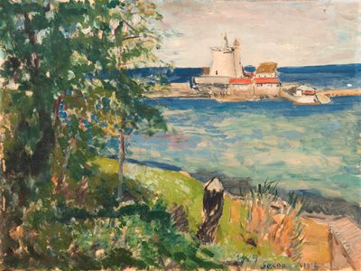 a painting of a man standing on a hill by the water