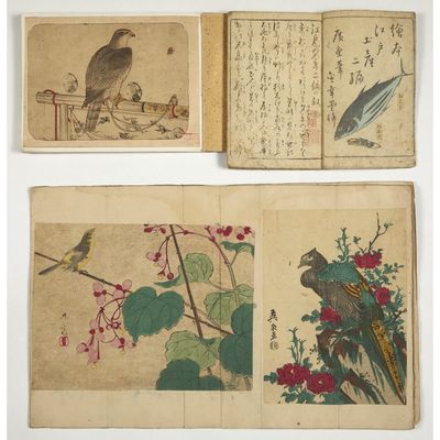 four old chinese paintings of birds and flowers on a white surface