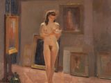 tableau représentant une femme nue debout dans une pièce où est accroché un tableau au mur
