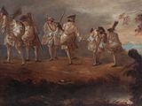 painting of a group of men dressed in period garbs on horseback
