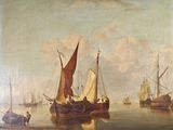 un tableau représentant un groupe de bateaux sur un plan d'eau