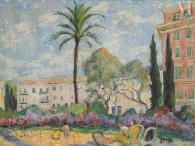 a painting of a park with a bench and palm trees