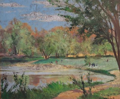 un tableau représentant un étang au milieu d'un parc