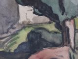 a watercolor painting of a train on the tracks