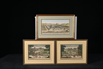 trois reproductions encadrées représentant une vue de la ville et d'un parc