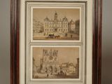 two framed prints of a building and a horse drawn carriage