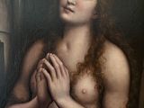 a painting of a woman holding her hands in front of a window