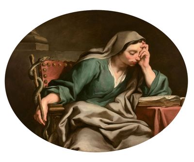 une image représentant un tableau où l'on voit une femme assise à une table, la tête entre les mains