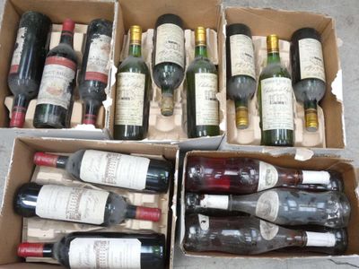 Plusieurs bouteilles de vin se trouvent dans un carton posé par terre.
