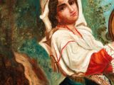 an oil painting of a woman holding a mirror in a wooded area