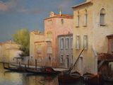 a painting of a canal with gondolas in the water