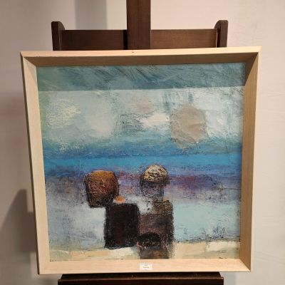 une peinture à l'huile représentant deux personnes assises sur un banc au bord de l'eau