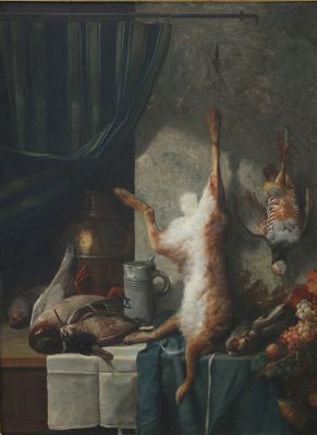 a painting of a cat standing on its hind legs on a table