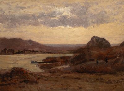 tableau représentant un paysage avec un bateau sur l'eau et une montagne au loin