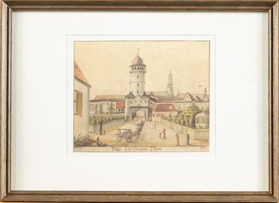painting of a view of a town with a clock tower in the background