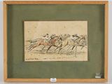 painting of a horse race with jockeys and riders on horseback