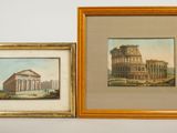 two framed paintings of roman architecture on a wall next to each other