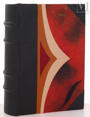 an image of a black book with a red design on it