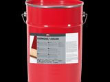 a red bucket of paint with a label on it