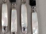 five silver and mother of pearl knives and a knife on a table