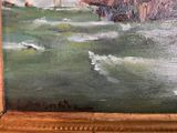 an oil painting of a boat in a body of water next to a cliff