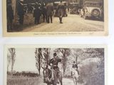 two old black and white photos of men riding horses on a dirt road