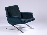 an image of a blue chair with a metal frame on a white background