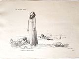 dessin représentant une femme en robe longue debout dans le désert
