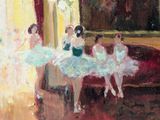 painting of a group of ballerinas sitting on a couch in a living room