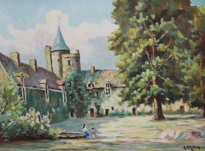 un tableau représentant une femme assise sur un banc devant un château