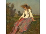 a painting of a woman sitting in a field wearing a hat