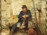 an image of a painting of a man sitting on a bench with a gun