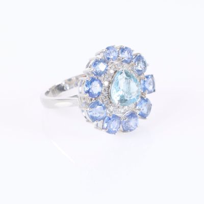 a close up of a ring with blue and white stones on a white background