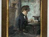 painting of a woman sitting at a table with a glass of wine