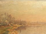 painting of a painting of a river with a boat in the water