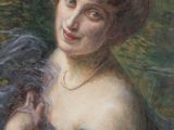 an image of a painting of a woman in a blue dress holding a fan