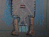 drawing of a robot with a head made of wires on a gray background
