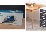 two pictures of a box with a steam iron on it