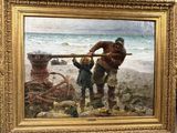 a painting of a man and a child on the beach