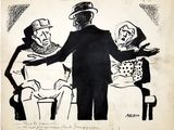 drawing of a man in a top hat talking to a group of people