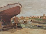 a painting of a boat that is on the beach