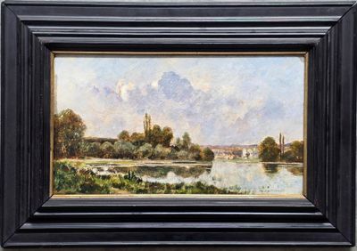 une peinture à l'huile représentant une scène fluviale avec une église au loin